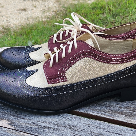 Girotti International Handmade Metallic Leather  Colorblock Oxford Shoes 43 - Picture 4 of 6